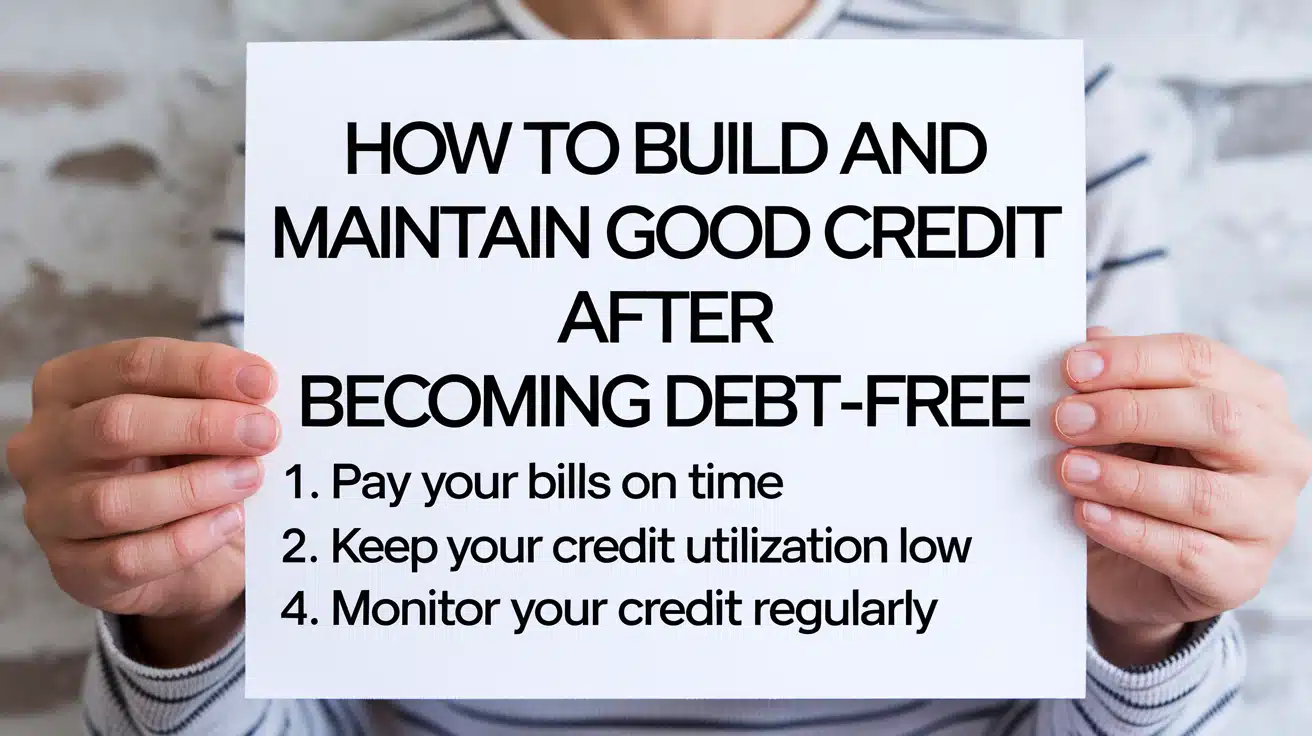 A photo of a person holding a sign that says "How to Build and Maintain Good Credit After Becoming Debt-Free".