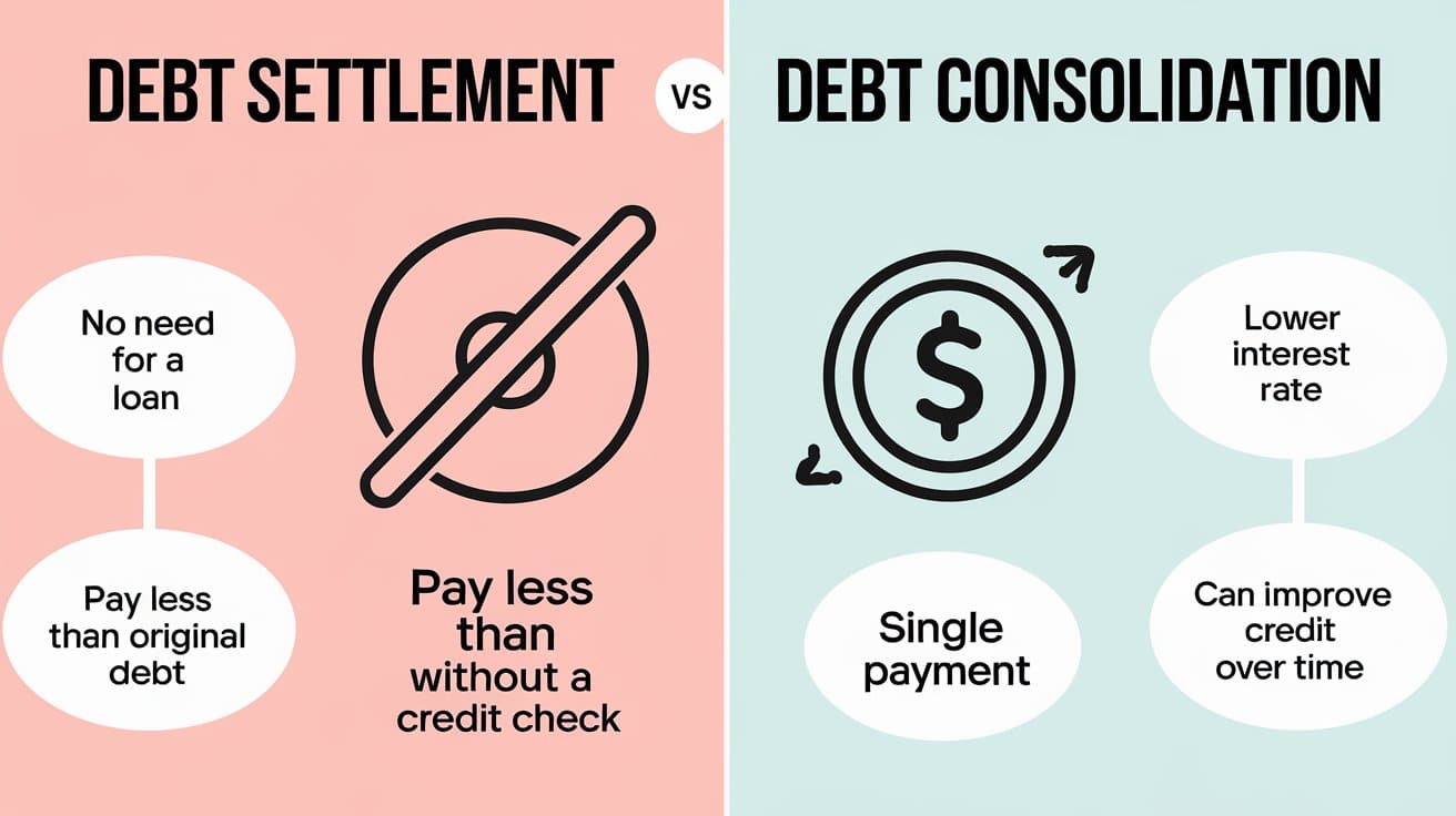 A comparison chart of debt settlement and debt consolidation. The left column contains the benefits of debt settlement: "No need for a loan", "Pay less than original debt", and "Can be done without a credit check". The right column contains the benefits of debt consolidation: "Lower interest rate", "Single payment", and "Can improve credit over time".